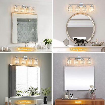 FDPBY Modern 4 Light Crystal Vanity Light, Chrome Vertical Bathroom Light Fixture Over Mirror for Dressing Table Sink, Compatible with Dimmable Bulbs (Bulbs Not Included)