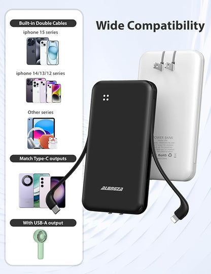 Alongza Portable Charger Built-in Cables and AC Wall Plug, Slim Fast Charging Power Bank 10000mAh, Lightweight USB C External Battery Pack Compact Travel Cell Phone Charger, 2 Pack Black & White