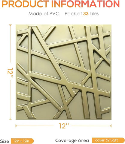 LEVOWAY 33 Pack 3D Wall Panels for Interior Wall Decor, 12''x12'' Champaign Gold Accent Textured Wall Panels, Wall Covering Panles for Living Room, Gaming Room, TV Background, Cover 32 Sq.Ft