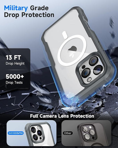 seacosmo for iPhone 16 Pro Max Case, Full Body Bumper with Built-in 9H Tempered Glass Privacy Screen Protector and Camera Lens Protector, Compatible with MagSafe, Shockproof Phone Cover, 6.9", Gray