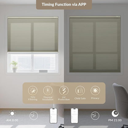 Boolegon No Drill Motorized Cellular Blinds with Remote Motorized Blackout Honeycomb Blinds for Indoor Windows Easy to Install Automatic Cellular Shades for Home,Light Filtering Beige,Custom Size
