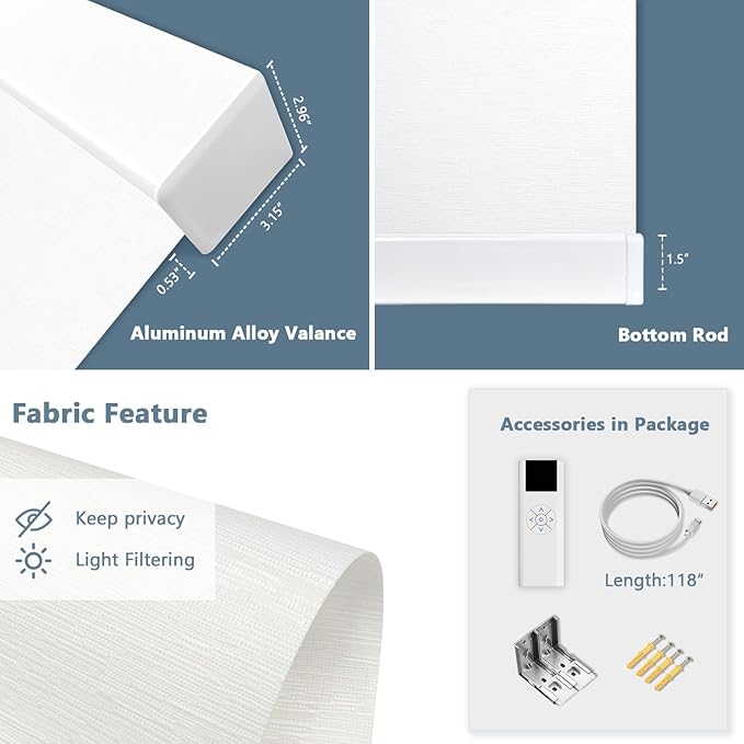 COOLWINDS Motorized Blinds with Remote Cordless Automatic Motorized Shades Custom Blinds for Windows Smart Curtains Compatible with Alexa Google Home(Light Filtering Cloud White,W54 x H72in)