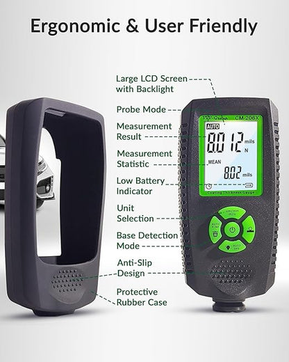 VVV-Group Paint Thickness Gauge CM-206X | Coating Thickness Meter Fe/Al/Zn | Auto Paint Depth Gauge Car Tester with High-Precision Probe, Multi-Unit Display & Auto Calibration