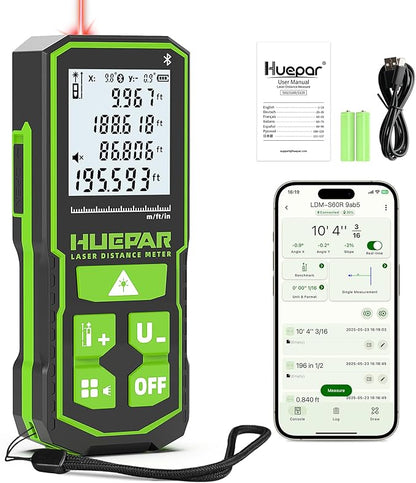 Huepar Laser Distance Measure 200Ft. Digital Rechargeable Laser Measuring Tool with Bluetooth -Phone APP, 1/16in Accuracy, Angle Sensor, M/in/Ft Unit, Pythagorean Mode, Measure Distance, Area, Volume
