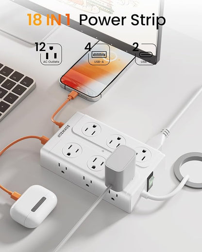 Zoxwzop Surge Protector Power Strip – 10FT Extension Cord with 12-Outlet 4 USB-A & 2 USB-C Ports, 1850W/15A, Flat Plug, Wall Mountable – ETL Listed for Home, Dorm Room