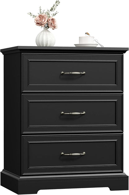 Nightstand with 3 Large Drawers,24" Wide End Table with Metal Handles,Rustic Farmhouse Wood Small Dresser,Bedside Table,Modern Chest of Drawers for Bedroom,Living Room,Black