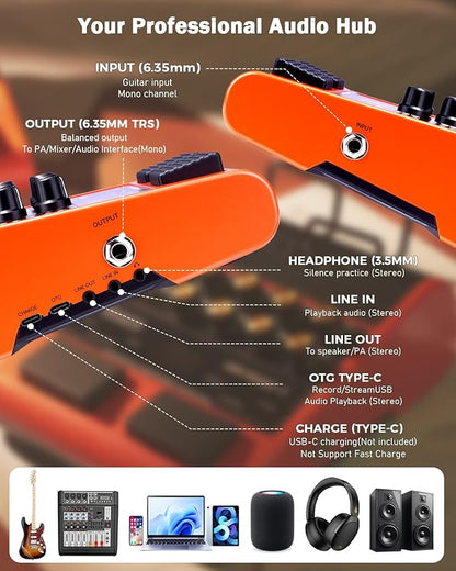 JOYO 10W Portable Guitar Practice Amp & Multi-Effects Pedal Combo Amplifier with Footswitch,OTG Recording, Bluetooth,14 Amp Models,3-Band EQ,36 Drum Patterns & Looper (JAM Buddy II, Orange)