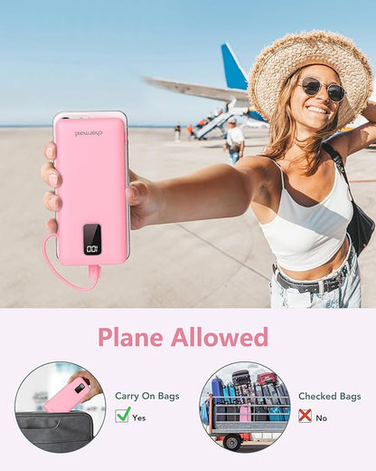 Charmast Portable Charger with Built-in Cables & Wall Plug, 10000mAh Portable Power Bank, External Battery Pack Travel Essentials Compatible with iPhone 16/15/14/13, Samsung, iPad etc