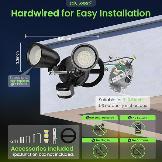 ALUSSO Motion Sensor Outdoor Lights Metal Heads, 30W Flood Lights Outdoor 3600LM, 3 Modes Dusk to Dawn/Auto/On Time, 3000K 4000K 6500K Adjustable, Hardwired Security Light ETL Listed, Black 1PC