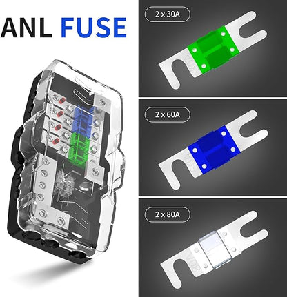 RVBOATPAT Fused Power Distribution Block Car Audio Fused Distribution Block 12V 0/4 Gauge 4 Way MIDI (Mini-ANL) Fuse Block for Auto Boat UTV Stereo Amp