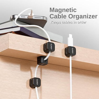 Clipzy 6 Pack Magnetic Cable Clips & Cord Holder, Under Desk Cable Management, Adhesive Wire Holder Keeper Organizer for Home Office Computer Desk Phone Car Wall Desktop Nightstand - Black