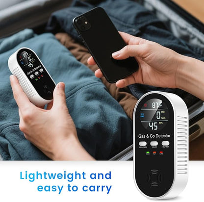 5 in 1 Carbon Monoxide Detectors Plug in with Temperature Humidity Sensor Built in Battery Backup, Natural Gas Leak Detector with Clear LED Display Sound & Light Warning for Home/Hotel, 2Pcs, Black.