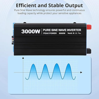 3000W Pure Sine Wave Inverter 1 USB Port 5v/2.1a,LCD Display&Remote Controller for Home, RV, Truck