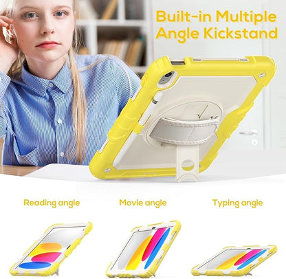 BLOSOMEET Case for iPad A16 11th/10th Generation 11''/10.9'' 2025 2022 with Tempered Glass Screen Protector, Rugged Cute Girls Boys Cover with Stand Hand Shoulder Strap, Fashion Yellow
