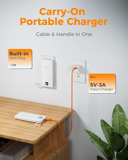 TESSAN Portable Charger with Built in Cables, 10000mAh Power Bank Fast Charging with Foldable Wall Plug Charger, 20W Compact Battery Pack Travel Essentials for iPhone 16/15 Series, Samsung, Tablets