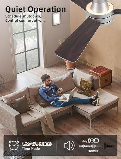 Homlit 42 inch RGB Ceiling Fan with Light, Smart App & Remote Control Low Profile Flush Mount, Music Sync Lighting, 6-Speed Quiet Reversible DC Motor, 4CCT Dimmable for Home Office Party, Silver