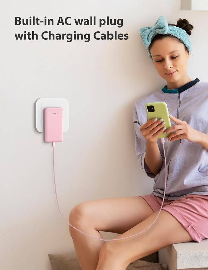 Alongza Portable Charger Built-in Cables and AC Wall Plug, Slim Fast Charging Power Bank 10000mAh, Lightweight USB C External Battery Pack Compact Travel Cell Phone Charger