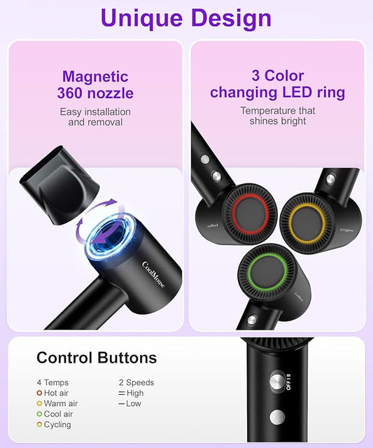 High-Speed Ionic Hair Dryer: 150000 RPM Brushless Motor 500 Millions Negative Ionic Care Blow Dryer for Fast Drying Low Noise Thermo-Control Hairdryer, Travel with Magnetic Diffuser & Nozzle
