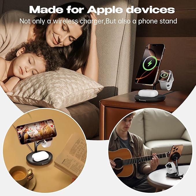 3 in 1 Wireless Charging Station for Multiple Devices Apple Magsafe Charger Stand, Mag-Safe Wireless Charger Dock for iPhone 16 15 14 13 12 Series Apple Watch Airpods Nignt Stand Charging Dock(Black)