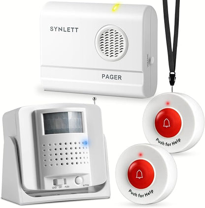 SYNLETT Caregiver Pager Wireless Call Buttons Motion Sensor Alarm Indoor for Elderly Monitoring Fall Prevention Bed Alarm Alert System Portable Nurse Call for Seniors Dementia Patients Emergency