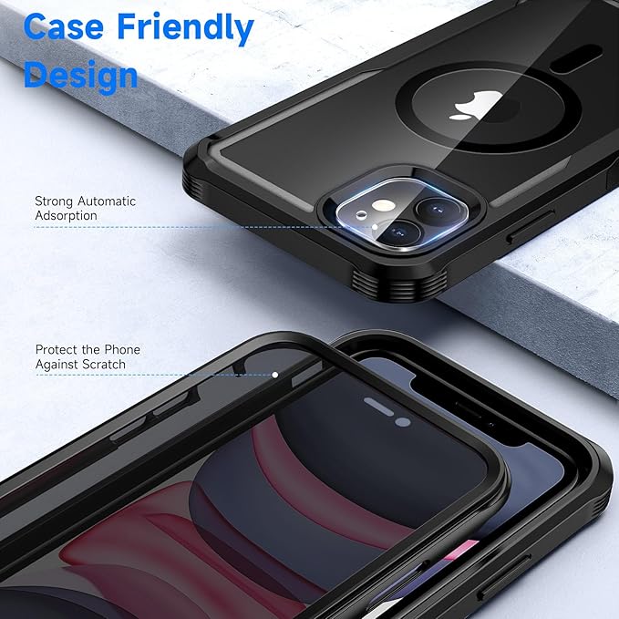 seacosmo for iPhone 11 Case, Full Body Bumper with Built-in 9H Tempered Glass Privacy Screen Protector and Camera Lens Protector, Compatible with MagSafe, Shockproof 11 Phone Case, 6.1", Black