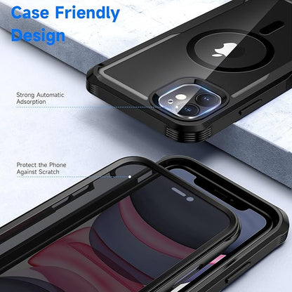 seacosmo for iPhone 11 Case, Full Body Bumper with Built-in 9H Tempered Glass Privacy Screen Protector and Camera Lens Protector, Compatible with MagSafe, Shockproof 11 Phone Case, 6.1", Black