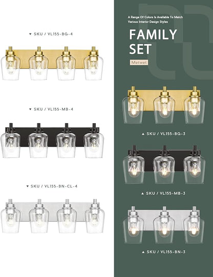 METWET Bathroom Light Fixtures, 3-Light Modern Vanity Light with Clear Glass Wine Glass-Shaped Shade, Vanity Lighting Fixtures Over Mirror, Brushed Nickel, VL155-BN-3