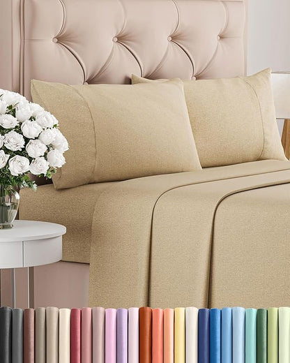 Queen Size 4 Piece Sheet Set - Comfy Breathable & Cooling Bed Sheets Set - Hotel Luxury Bedding for Women, Men, Kids, Teens, Boys & Girls - Deep Pockets, Soft & Wrinkle Free - Tan (Heathered Sheets)