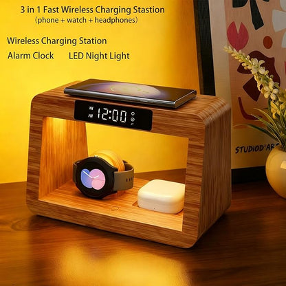 Bamboo Wireless Charging Station, 3 in 1 Charging Station with Light & Clock for Samsung & Android Phone, Wireless Phone Charger Station Only for Samsung Watch