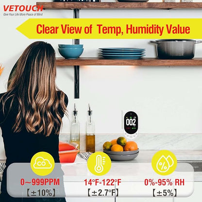 VETOUCH Plug-in Carbon Monoxide Detector with Digital Color Display CO Detector for CO, Temperature & Humidity, 85dB Loud Alert, Self Test Function vetouch CO Detector, for Home, Bedroom, Kitchen, RV