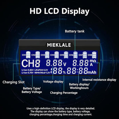 18650 Battery Charger, MIEKLALE 8+2 Bays Smart Universal Battery Charger with LCD Display for Rechargeable Batteries Li-ion LiFePO4 RCR123 16340 26650 10440 14500 & 9V, NiMH NiCd AAA AA(8+2Slots)