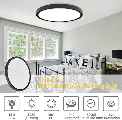 RLEDPZTX Led Flush Mount Ceiling Light,16 Inch 32w 3480lm,3000k/4000k/6000k 3CCT Selectable, Round Modern Flat Panel Super Slim Led Ceiling Light,for Living Dining Kitchen Bedroom Room (1Pack-Black)