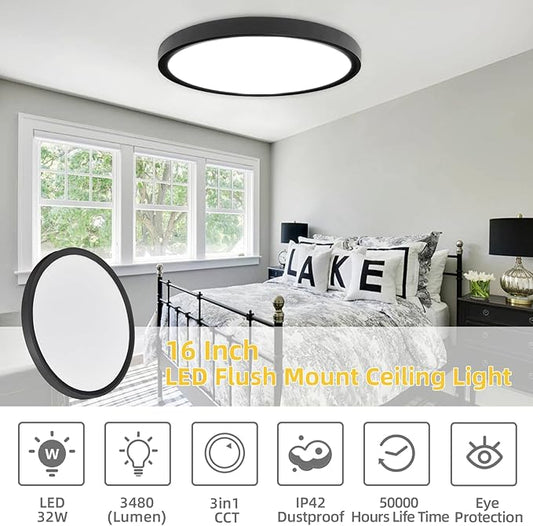 RLEDPZTX Led Flush Mount Ceiling Light,16 Inch 32w 3480lm,3000k/4000k/6000k 3CCT Selectable, Round Modern Flat Panel Super Slim Led Ceiling Light,for Living Dining Kitchen Bedroom Room (1Pack-Black)