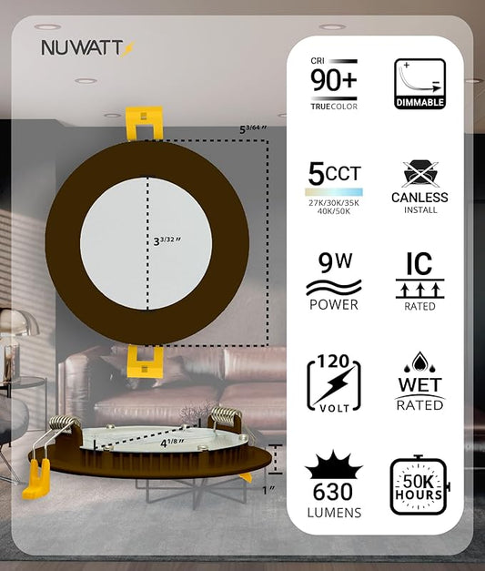 NUWATT 6 Pack 4 Inch Ultra-Thin Bronze LED Recessed Lighting, 5CCT 2700K/3000K/3500K/4000K/5000K Selectable, 630 Lumens, IC Rated, Dimmable Canless Wafer Light, Slim Panel Light, Metal J-Box, ETL