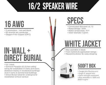 Voltive 16/2 Speaker Wire, in-Wall CL3 & Direct Burial, White, 500ft - 16AWG, 2 Conductors, Stranded Oxygen-Free Copper, UL Listed - V-1210-6