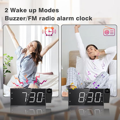 Mesqool Projection Alarm Clock with FM Radio,Large Number Display & Dimmer,USB Charger,Sleep Timer,Battery Backup,Dual Alarms,Clock Radio for Bedroom Heavy Sleepers