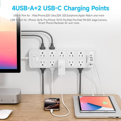 Solidock Power Strip Surge Protector Flat Plug with 20 AC Outlets 6 USB Chagring Ports, 1875W/15A, 2700J, 15 Ft Heavy Duty Extension Cord for Home, Office, Dorm, Gaming,ETL Listed (White, 15Feet)