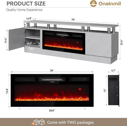 oneinmil 36" Electric Fireplace Integrated TV Stand - 70" 2-Tier Console for TVs up to 80", Ideal for Living Room Settings, Gray