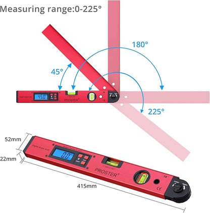 Proster Digital Angle Finder Gauge - 0~225° Angle Gauge LCD Digital Protractor Spirit Level Meter for Carpenter Woodworking Home Decoration
