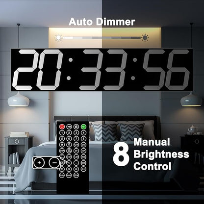 CHKOSDA Digital Wall Clock, Oversize Led Digital Clock with Auto Dimmer, Huge Countdown Timer with Remote Control, 27" Wide Led Display, 6 Digits, Wall Mount, Date and Temperature (White)