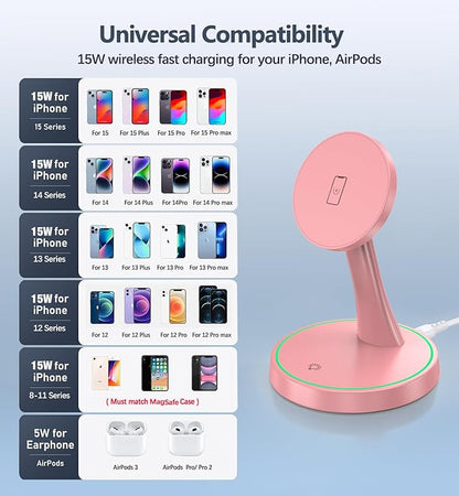 Magnetic Wireless Charger Stand 15W Fast Mag-Safe Charger for iPhone 16/16 Pro/16 Plus/16 Pro Max/15/14/13/12 Series Magnet Wireless Charging Station/Pad with Sleep-Friendly Light for AirPods