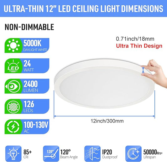 SunRider 4-Pack LED Flush Mount Ceiling Light Fixture, 5000K Daylight White, 2400LM, 12 Inch 24W Round Flat Recessed Lamp, 240W Equiv., Non-Dimmable