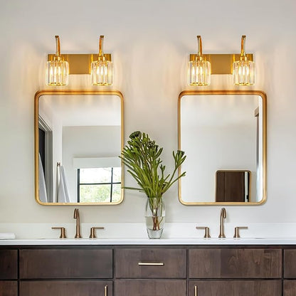FDPBY Bathroom Crystal Vanity Lights 2-Light Gold Wall Lamp Modern Crystal Bathroom Light Fixtures Over Mirror 13.77" Long Wall Sconce