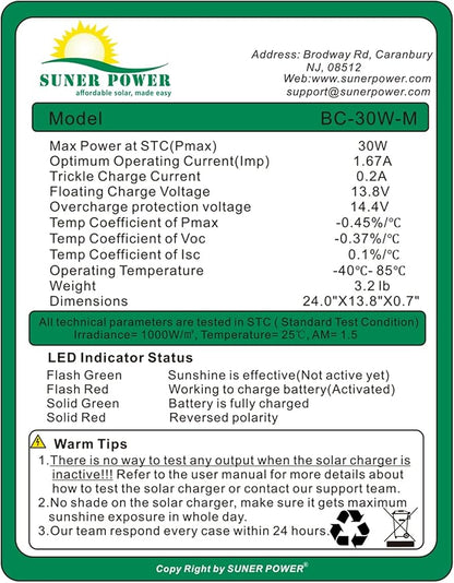 SUNER POWER 30W 12V Solar Battery Charger Maintainer, Built-in Smart MPPT Charge Controller, Adjustable Mount Bracket, Waterproof 30 Watt Solar Panel Kits for Car Automotive Boat Marine RV Trailer