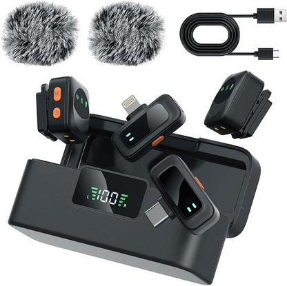LIZHUZHONG Ai Mini Mic Wireless Lavalier Microphone System (2TX+2RX+Case), Magnetic & Clip-On Microphone for iPhone, Android, Vlogging, Studio-Quality Sound, 48H Battery, Ai Noise Cancelling