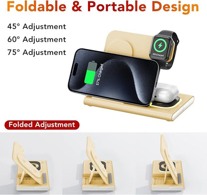 3 in 1 Charging Station for iPhone 17 - Wireless Charger for Apple Products for iPhone 17 16 15 14 13 12 11 Pro Max - Foldable Wireless Charging Station Dock Stand for iWatch Series & AirPods(Beige)