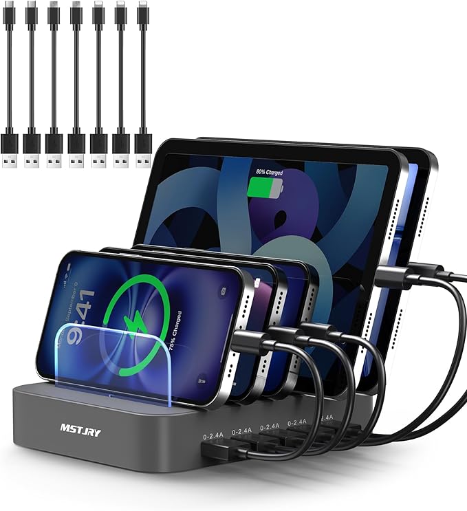MSTJRY Charging Station for Multiple Devices : 5 Port Multi USB-A Charger Stations Multi-Device Organizer Charging Dock Designed for iPhone iPad Cell Phone Tablets (7 Short Cables Included), Gray