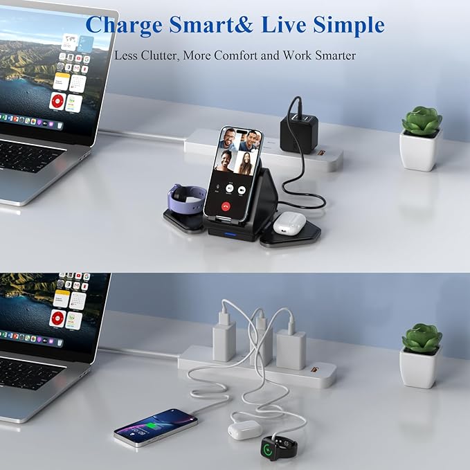 3 in 1 Charging Station, Mag Safe Wireless Charger Stand, Qi2 Certified, 15W Multiple Device Magnetic Charging Station for iPhone 16,15,14,13,12 Series, Apple Watch, AirPods (USB-C Charger Included)