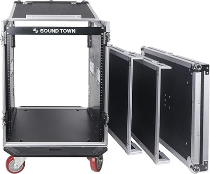 Sound Town Heavy-Duty 1/2" (12mm) 14U PA DJ Rack/Road Case with 11U Slant Mixer Top, 20’’ Rackable Depth and Casters, 14-Space ATA Case, Pro Tour Grade (STMR-14UW)