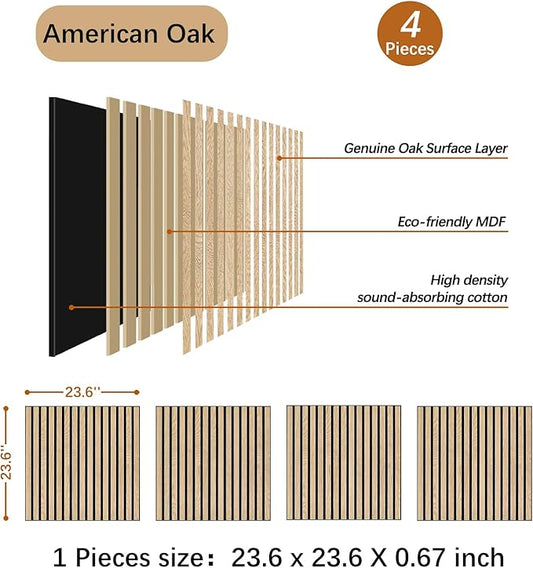 ARMURO Acoustic Wood Panels for Wall 4-Pack - Natural Oak Veneer Soundproof Panels for Home & Office, 23.6" Wood Wall Panels with Noise Reduction (23.6" W x 23.6" L)